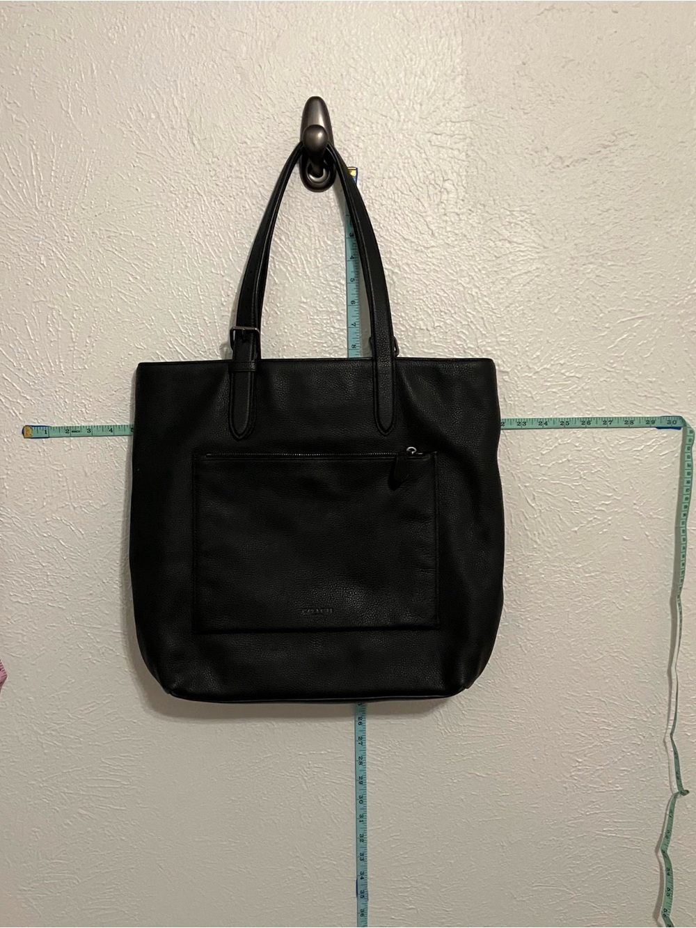 Coach Black Leather Tote with Front Zip Pocket